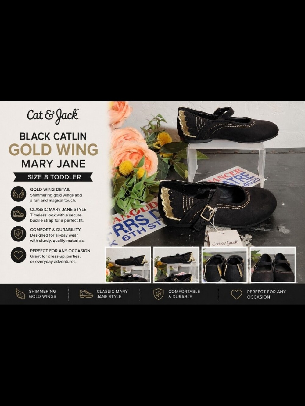 CAT & JACK Black Catlin Gold Wing Mary Jane 8 Toddler